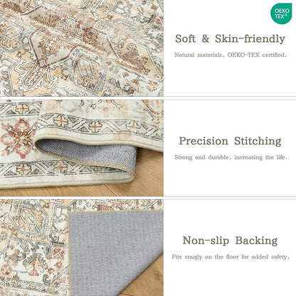 zesthome 8x10 Area Rugs - Stain Resistant Washable Rug for Living Room, Non-Slip Backing Large Area Rug with Ultra-Thin Low Pile for Bedroom, Vintage Home Decor