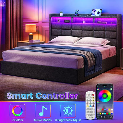 Lift Up Queen Bed Frame with Storage, Upholstered Bed Frame Queen Size with LED Lights Headboard and Charging Station, No Box Spring Needed, Easy Assembly - Dark Grey