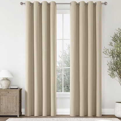ChrisDowa 100% Blackout Natural Solid Curtains 84 Inches Long 2 Panels for Bedroom Living Room,Farmhouse Room Darkening Thermal Insulated Soundproof Grommet Top Window Treatment Drapes,52x84