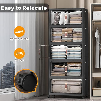 Extra Large Stackable Storage Bins with Lids & Wheels & Door, 560QT-112QT/28GAL*5Pack Foldable Collapsible Closet Organizers, Plastic containers drawers for bedroom Dorm