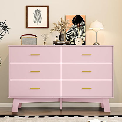 Dresser for Bedroom with 6-Drawer, 47.2" Modern Chest of Drawers with Metal Handles, X-Shape Base & Adjustable Center Leg, Anti-Tip Closet Organizers and Storage