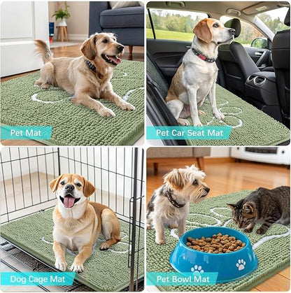 OLANLY Dog Door Mat for Muddy Paws 48x30, Paw Print Design, Absorbs Moisture and Dirt, Non-Slip Washable Doormat, Quick Dry Chenille Mud Mat for Dogs, Entry Indoor Entryway Carpet, Sage Green