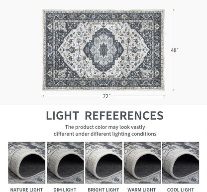 4x6 Vintage Washable Area Rug for Living Room,Low Pile Non Slip Carpet Non-Shedding Small Area Rug Soft Indoor Stain Resistant Rug Floral Print Mat for Bedroom Dining Room Blue Beige