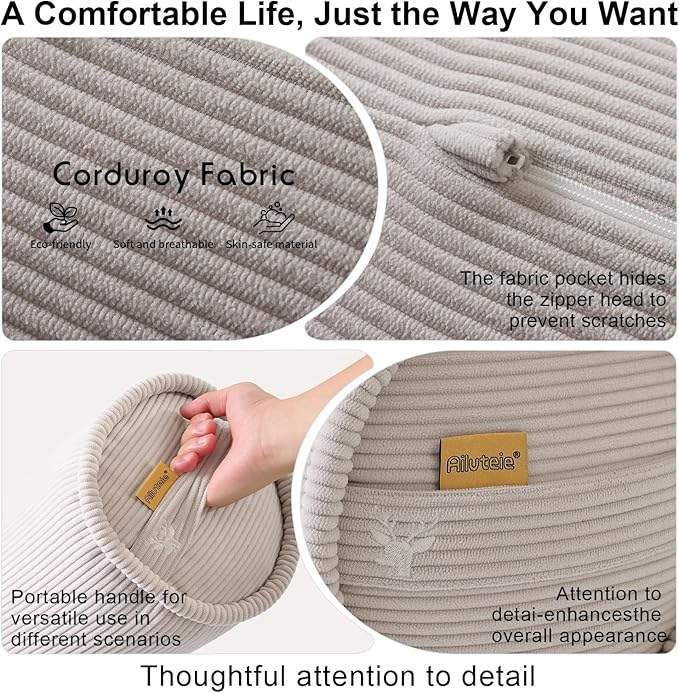 Long Pillow for Bed – Corduroy Round Bolster Pillow for Adults, Decorative Body Pillow for Sleeping or Sofa Support,39 x 7.87 Inches,Beige Gray