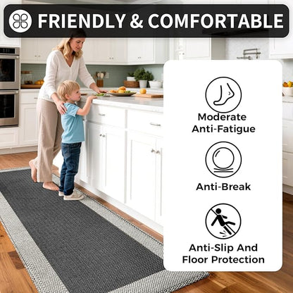 Kitchen Mats for Floor, Super Absorbent Kitchen Rugs Non Slip Washable, Soft Braided Kitchen Runner Rug, Standing Mat Kitchen Sink Mat, Easy to Clean, Black 17x59
