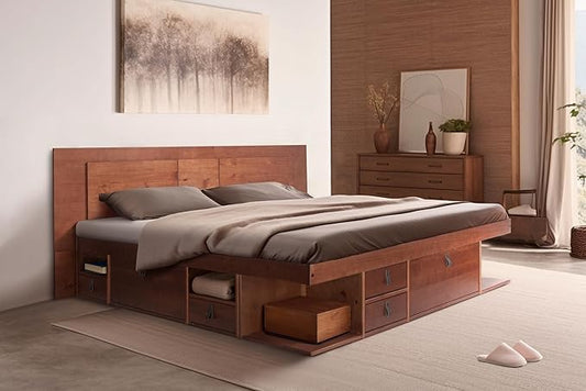 memomad Bali Slim Set: Storage Platform Bed with Drawers + Flat Panel Headboard (King Size, Caramel Brown Wood)