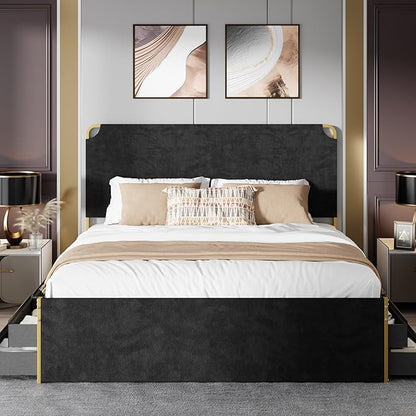 King Size Bed Frame with 12 Storage Drawers and Headboard, Metal Platform Bedframe, No Box Spring Needed, Stable and Solid, Noise Free. (Black+Velvet, King)