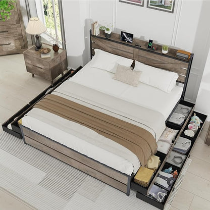 King Size Wooden Bed Frame with 12 Storage Drawers and Headboard, Farmhouse Platform Bed Frame with Charging Station, No Box Spring Needed, Stable and Solid, Noise Free. (Oak, King)