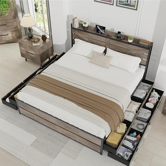 King Size Wooden Bed Frame with 12 Storage Drawers and Headboard, Farmhouse Platform Bed Frame with Charging Station, No Box Spring Needed, Stable and Solid, Noise Free. (Oak, King)