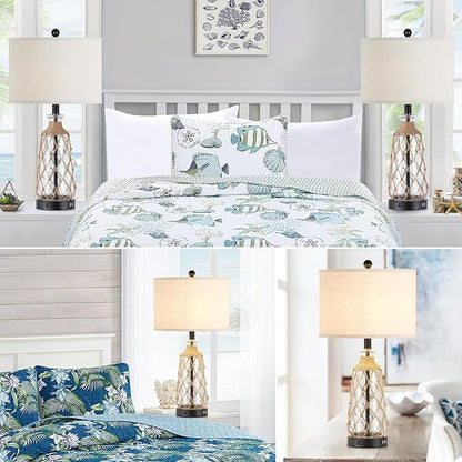 25.5" Coastal Glass Table Lamps Set of 2, 3-Way Dimmable Touch Control Bedside Lamps with 2 USB Ports and AC Outlet, Clear Nautical Nightstand Lamp for Bedroom Living Room (LED Bulbs Included)