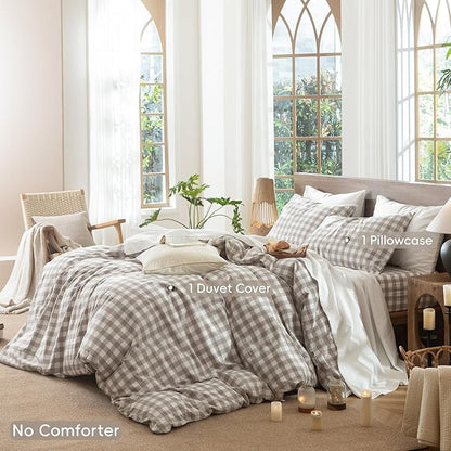 MooMee Gingham Duvet Cover Set 100% Washed Cotton Linen Like Textured Breathable Durable Soft Comfy Modern Checkered Design (Buffalo Plaid Tannish Linen Grey, Twin 68"x90")