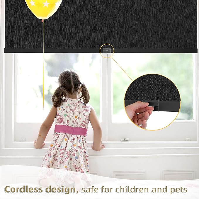 ChrisDowa Cordless Blackout Roller Shades for Windows, Striped Free-Stop Window Blinds with Privacy, Thermal Insulated Window Shades for Home, Office and Door. Black, 35" W x 72" H