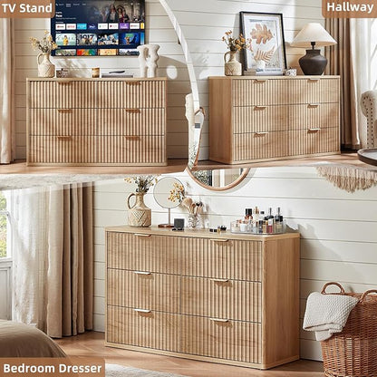 LEYAOYAO Fluted Dresser and 3 Drawers Nightstand Set of 2, Wood 48" Wide Dresser & 23" Night Stand with Charging Station, 3 Piece Bedroom Furniture Set, Chest of Drawers for Home,Living Room,Wood