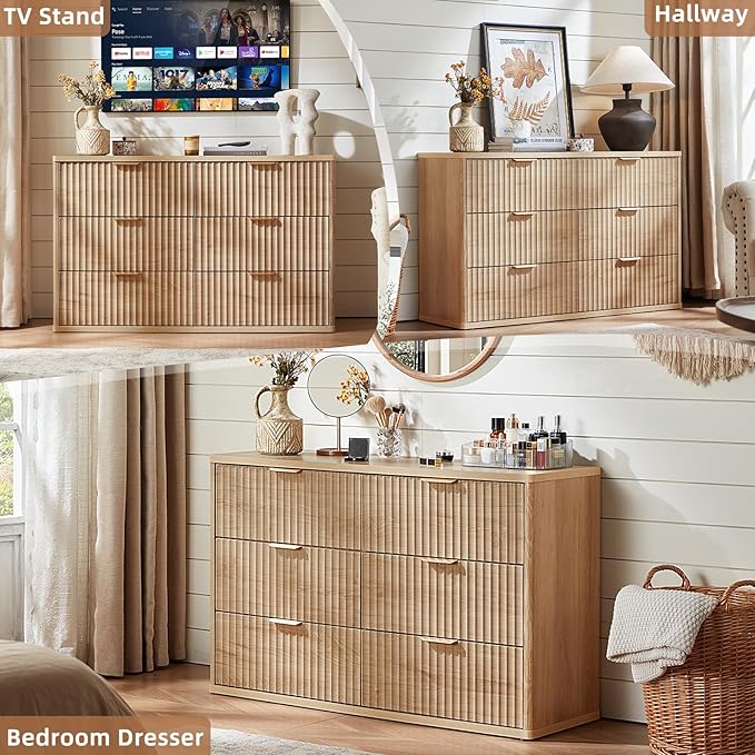 LEYAOYAO 48" Wide Fluted Dresser and 1 Drawers 23" Nightstand Set of 2, Wooden Dresser & Night Stand with Charging Station, 3 Piece Bedroom Furniture Set, Chest of Drawer for Living Room,Natural Wood