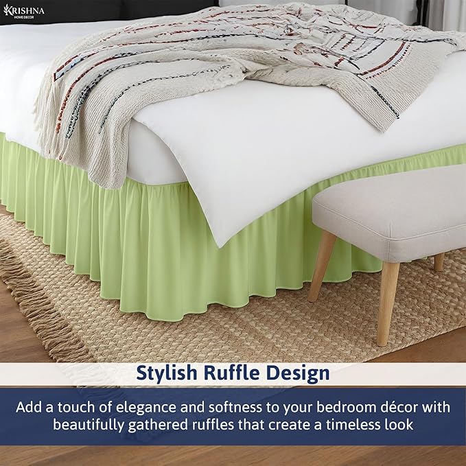 KRISHNA Ruffled Bed Skirt with Split Corners King, 100% Microfiber Hotel Quality, 24 Inch Drop Dust Ruffle Gathered Bedskirt with Platform, 78" x 80", Sage