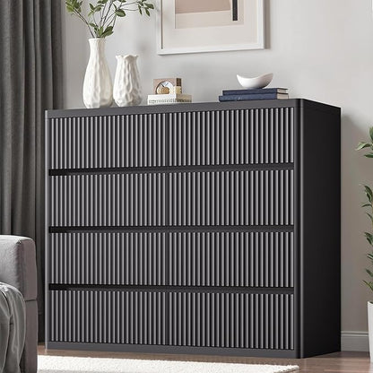 Black Dresser for Bedroom, 8 Drawers Double Fluted Dressers, Modern Chest of Drawers with Curved Profile, Handleless, Storage Closet Dressers for Bedroom, Living Room, Entryways