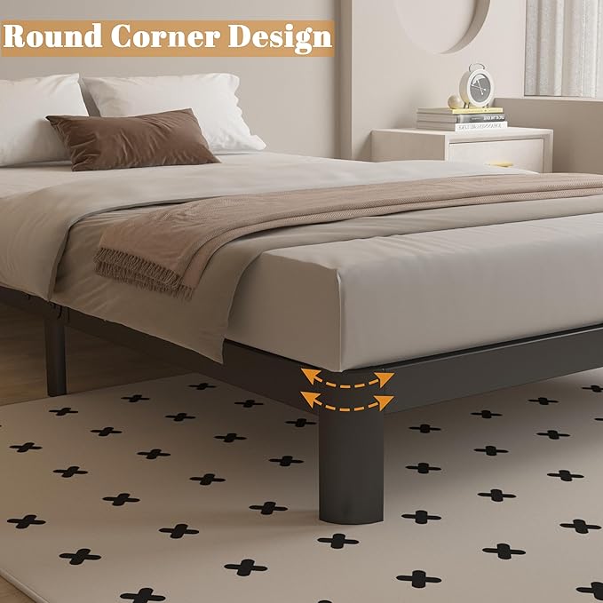 4 Inch Full Size Bed Frame with Metal Gaskets, Black Bed Frame Full No Box Spring Needed, Rounded Corner Design, Heavy Duty Steel Platform Support, Reserved Holes, Noiseless, Easy Assembly