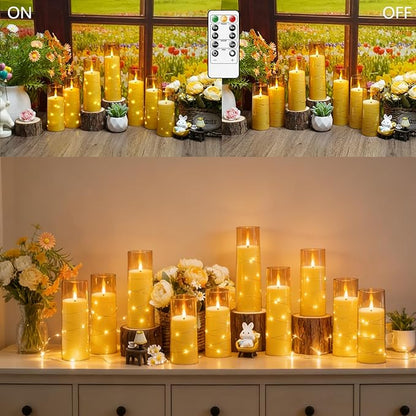 Flameless LED Candles with Timer 24 Pc Flickering Flameless Candles for Romantic Ambiance and Home Decoration Stable Acrylic Shell,with Embedded Star String，Battery Operated Candles(Gold)