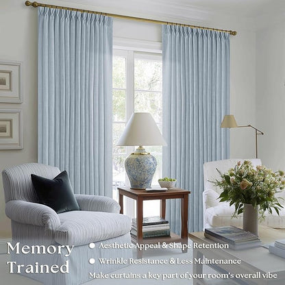 Dusty Blue Linen Pinch Pleated Curtains 108 Inches Long 2 Panels for Living Room Bedroom Light Filtering Drapes 108 Inch Length Sky Grey Blue Semi Sheer Memory Shape Trained Ceiling Floor Curtain