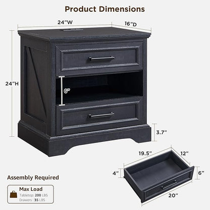 ACCOHOHO 24" Farmhouse Nightstand Set of 2 with Charging Station, 2 Drawers Large Bedside Table with Open Shelf, Rustic End Table for Bedroom - Black