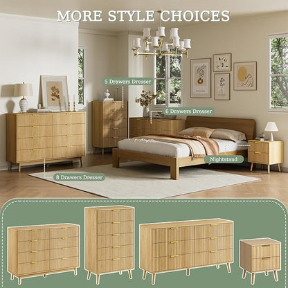 LYNSOM Fluted Dresser and Nightstand Sets 3 Piece, 6-Drawers Dresser and 1-Drawer Nightstands Set of 2, Wood Bedroom Furniture Set for Home, Bedroom, Hallway, Oak