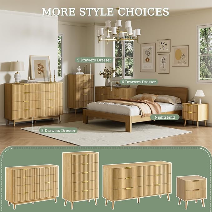 LYNSOM Fluted Dresser and Nightstand Sets 3 Piece, 5-Drawers Dresser and 1-Drawer Nightstands Set of 2, Wood Bedroom Furniture Set for Home, Bedroom, Hallway, Oak