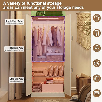 75" Tall Farmhouse 2 Doors Armoire Wardrobe Closet with LED,Freestanding Closet Wardrobe Cabinet for Bedroom with Hanging Rod,Wooden Armoire Storage Cabinet Adjustable(Rustic Off White)