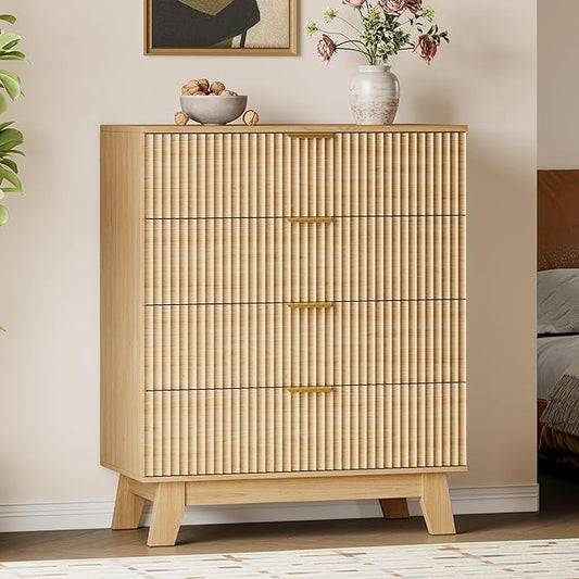 39" Tall Dresser for Bedroom, 4-Drawer Fluted Chest of Drawers, Modern Wood Highboy with Deep Storage, Metal Slides & Handles, Anti-Tip Kit, Vertical Clothes Organizer for Apartment, Nursery