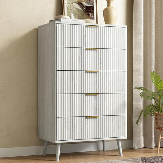 CARPETNAL Fluted 5 Drawers Dresser for Bedroom, 45" Tall Wooden Chest of Drawers with Rounded Corners, Gold Handles, Modern Storage Organizer for Bedroom, Hallway (White)