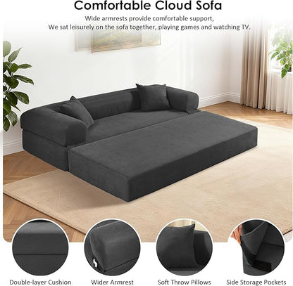 80" Convertible Sofa Bed, 3-in-1 Corduroy Folding Pull Out Couch with Pillows, No Assembly Modern Boneless Couch Compression Sofa in Box, Floor Sofa with Side Storage Pocket for Living Room,Dark Grey
