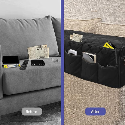 MEHIDFY Armchair Caddy, Waterproof Sofa Armrest Organizer, Non Slip Recliner Organizer, Remote Holder for Recline, Recliner Caddy with 14 Pockets Storage for TV Remote, Phone, Magazine (Black)