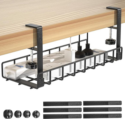 Under Desk Cable Management Tray, Xpatee Upgraded Wire Management No Drill No Screws, Cable Tray with Clamp for Wire Organizers, Computer Cord Rack for Office, Home - No Damage to Desk Black