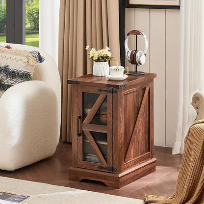 Farmhouse End Table Set 2, Narrow 18'' Night Stand with Glass Barn Door, 24" Square Side Table with Charger Station, Living Room Furniture Sets, Wood Nightstand Bedside Tables for Bedroom