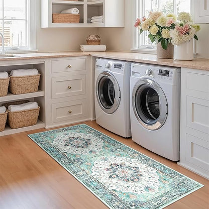 Area Rugs 2'x6' Washable Non-Slip, Floral Vintage Distress Print Pattern Medallion Carpet for Living Room Bedroom Dining Room, Green Navy Blue White Red Teal Colorful
