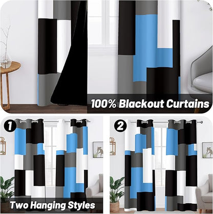 Light Blue 100% Blackout Curtains for Bedroom 72 inch Length 2 Panels Set Grey Modern Abstract Geometric Black Out Curtains Insulated Room Darkening Window Drapes for Living Room, 42Wx72L