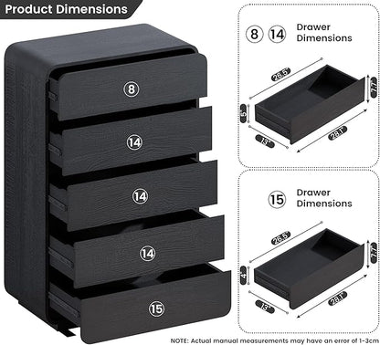 29.5’’ W Dresser for Closet, Black Drawers with Curved Design, Chest Drawer with 5 Drawers, Vertical Drawer with Large Storage, Wooden Dresser for Living Room, Nursery, Entryway