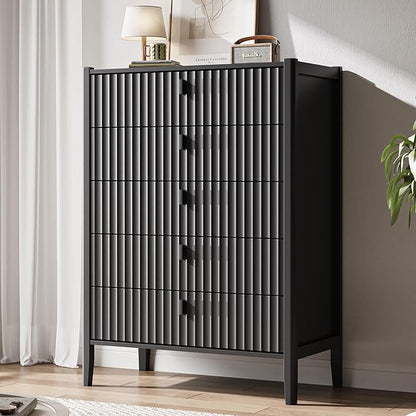 5 Drawer Dresser, Modern Chest of Drawers for Bedroom, Wood Fluted Dresser Organizer with Deep Drawers for Clothes, Nightstand for Bedroom, Hallway, Living Room, Entryway, Black