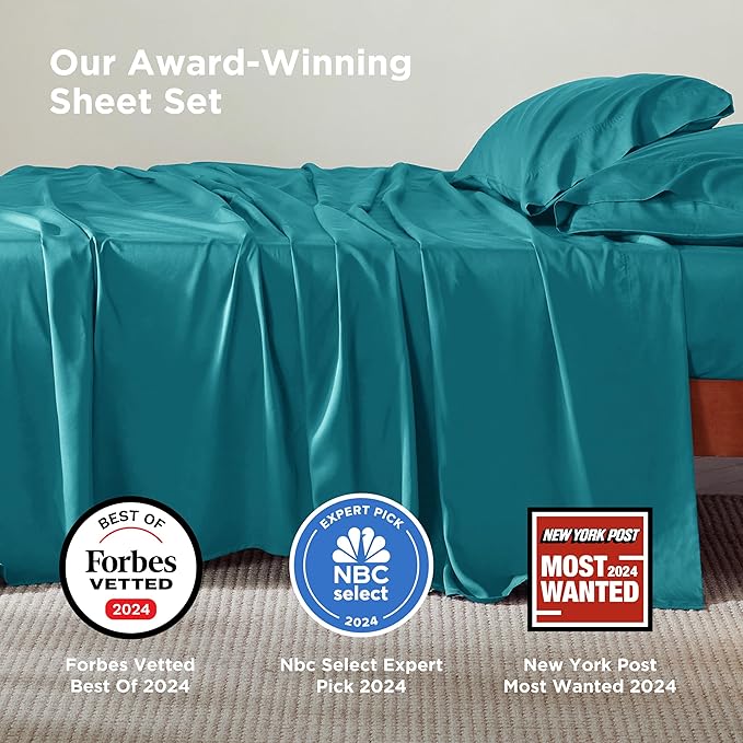 Bedsure King Size Sheets Set, Cooling Sheets for Hot Sleepers, Rayon Derived from Bamboo, Breathable & Soft, Deep Pocket Up to 16 Inches, Hotel Luxury Silky Bedding, Turquoise