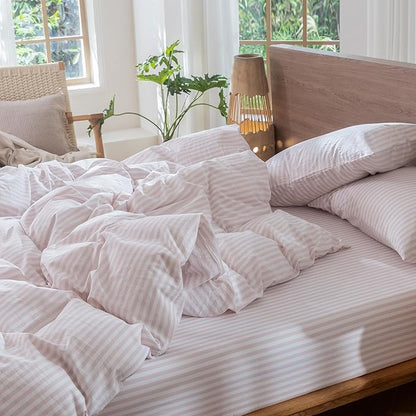 MooMee Striped Duvet Cover Set 100% Washed Cotton Linen Like Textured Breathable Durable Soft Comfy (Heathered Greyish Pink Classic Stripes, Cal King 104"x98")
