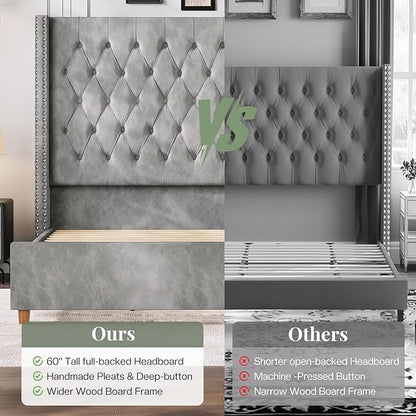 Jocisland Queen Size Bed Frame with 61.4" Tall Headboard, Velvet Upholstered Wingback Platform Design, Handcrafted Pleats& Deep Button Tufted, Solid Wood Legs, No Box Spring Needed, Gray