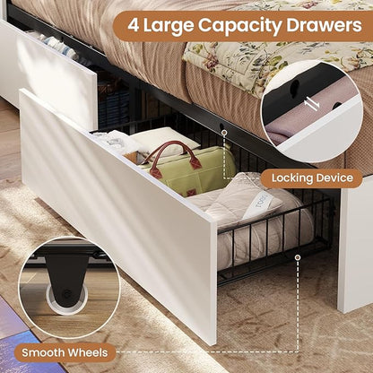 VIAGDO Farmhouse Bed Frame King Size with Bookcase Storage Headboard, Charging Station and LED Lights, Wooden King Bed Frame with 4 Drawers, Barn Door Design, No Box Spring Needed, No Noise, White