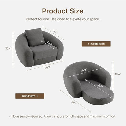 SICOTAS 49.9" Curved Convertible Sofa Couch Bed for Living Room Futon Cloud Boneless Sleeper Chair Pull Out Floor Couch with Deep Seat Single Foam Lounger No Assembly for Bedroom Apartment, Dark Grey