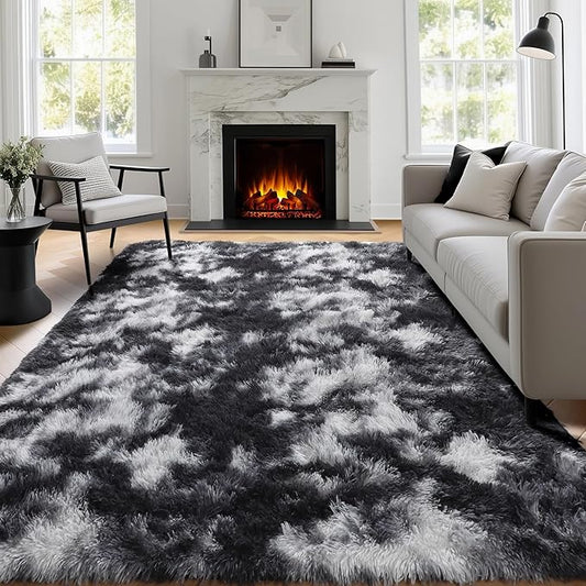 PAGISOFE Black White Grey Rugs for Living Room 5x8, Shag Fuzzy Fluffy Rectangular Rugs for Kids Room Playroom Classroom Dorm Shaggy Soft Carpet for Home Decor Aesthetic Plush Bedside Rug Modern Cool