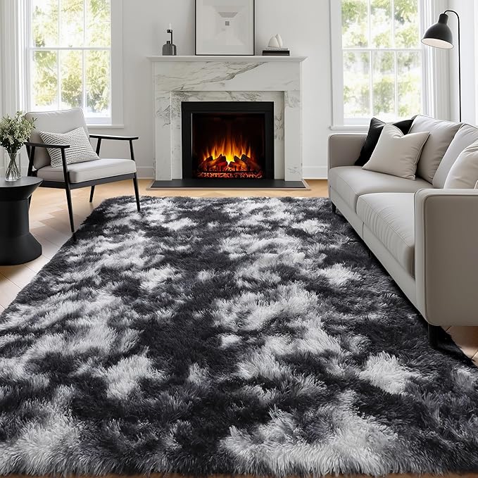PAGISOFE 9x12 Area Rugs Living Room, Extra Large Black White Grey Machine Washable Rugs for Bedroom Fluffy Indoor Rugs for Kids Room Classroom Dorm Room Aesthetic Shaggy Carpet Plush Modern Cool Rug