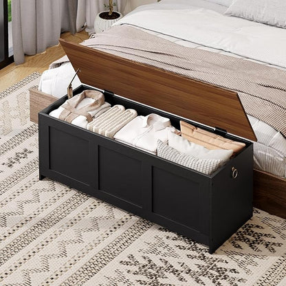 HOOBRO Storage Bench, 47.2" Retro Wooden Storage Chest, Wooden Storage Trunk, Toy Chest with Lift Top, Multifunctional Entryway Organizer, for Entryway, Living Room, Black and Walnut BH412CW01