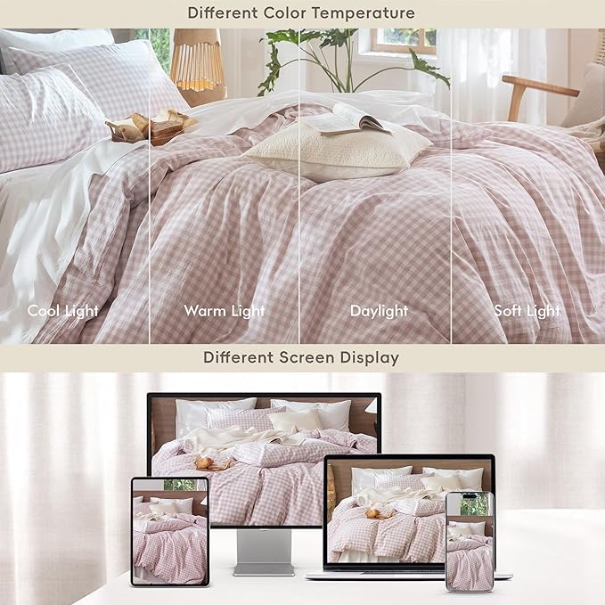 MooMee Gingham Duvet Cover Set 100% Washed Cotton Linen Like Textured Breathable Durable Soft Comfy Modern Checkered Design (Classic Gingham Greyish Pink, Oversized Full 82"x86")