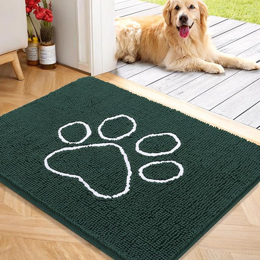 OLANLY Dog Door Mat for Muddy Paws 40x32, Paw Print Design, Absorbs Moisture and Dirt, Absorbent Non-Slip Washable Doormat, Quick Dry Chenille Mud Mat, Entry Indoor Entryway Carpet, Blackish Green