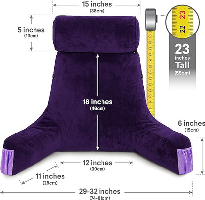 Husband Pillow Medium Purple, Backrest for Kids, Teens, Petite Adults - Reading Pillows with Arms, Adjustable Loft, Plush Memory Foam, Bed Rest Chair for Sitting Up, Detach Neck Roll, Removable Cover