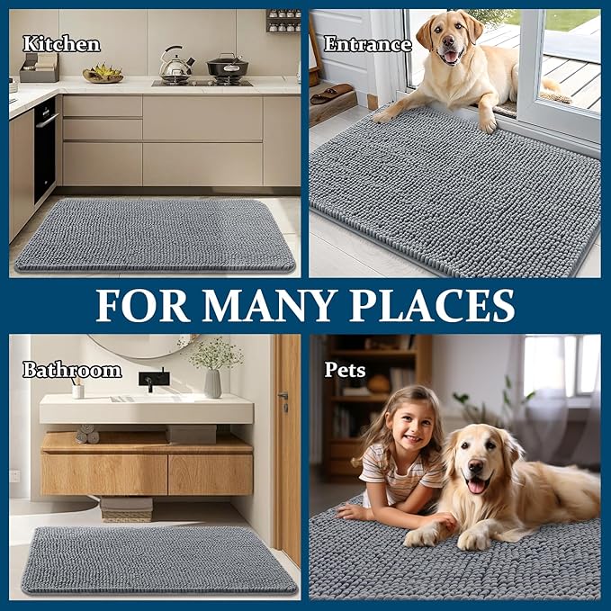 OLANLY Dog Door Mat for Muddy Paws 59x32, Absorbs Moisture and Dirt, Absorbent Non-Slip Washable Doormat, Quick Dry Chenille Mud Mat for Dogs, Entry Indoor Entryway Carpet for Inside Floor, Grey