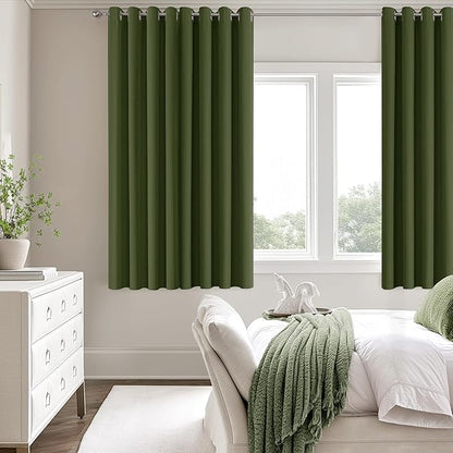 ChrisDowa 100% Blackout Olive Green Solid Curtains 63 Inches Long 2 Panels for Bedroom Living Room,Farmhouse Room Darkening Thermal Insulated Soundproof Grommet Top Window Treatment Drapes,52x63
